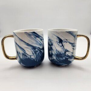 Marble Ceramic Coffee Mugs w Gold Tone Handle Tea Cup Blue White 4.25" Lot of 2